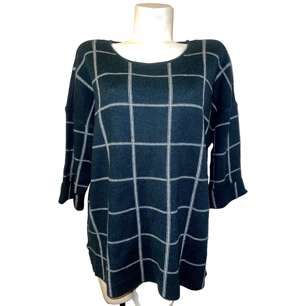 Tahari Womens 2X Green Windowpane Grid Knit Sweater 3/4 Sleeve Side Slit Top